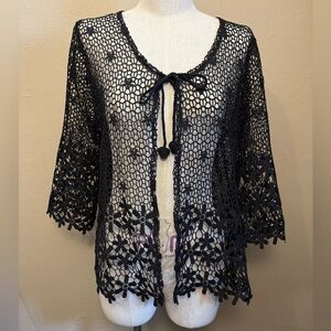Coquette Black Crochet Floral Open-Front Tie Cardigan